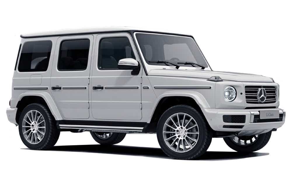 Front three-quarter view of a Polar White Non Metallic Mercedes-Benz G-Class