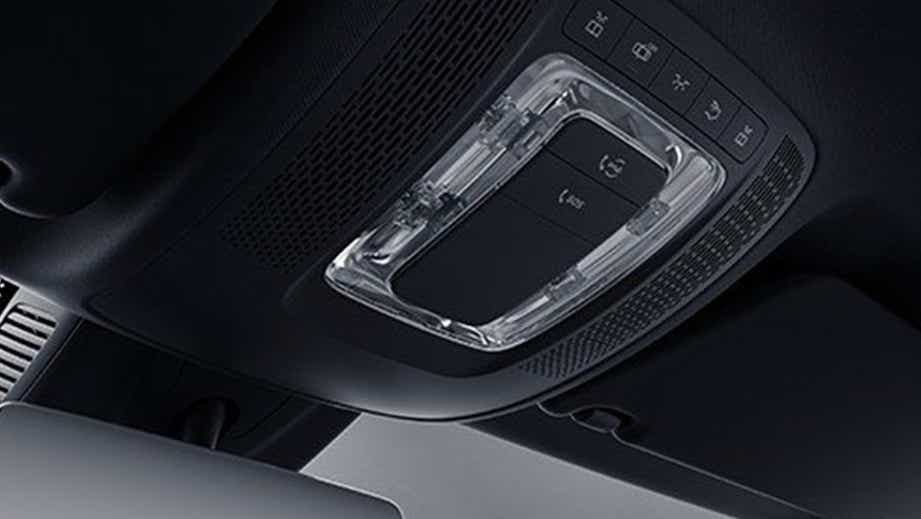Overhead console view of a Polar White Mercedes-Benz GLB