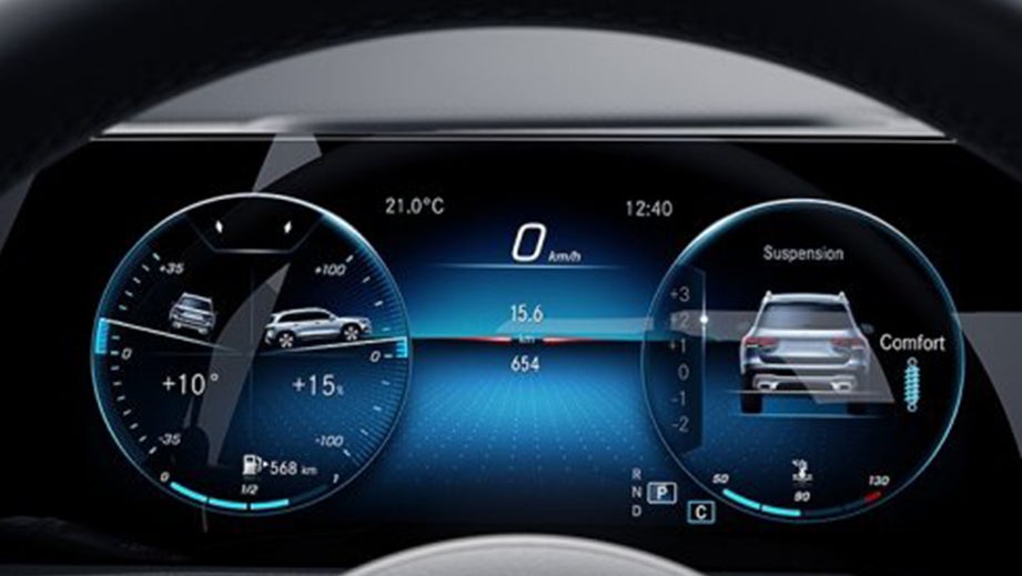 Digital dashboard display of a Polar White Mercedes-Benz GLB
