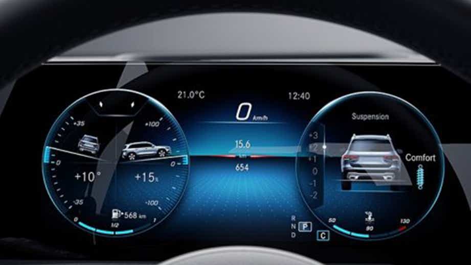 Digital dashboard display of a Polar White Mercedes-Benz GLB