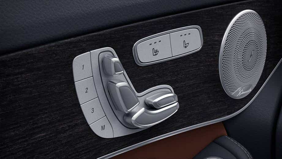Close-up of the seat adjustment controls in a Mercedes-Benz GLC Coupe