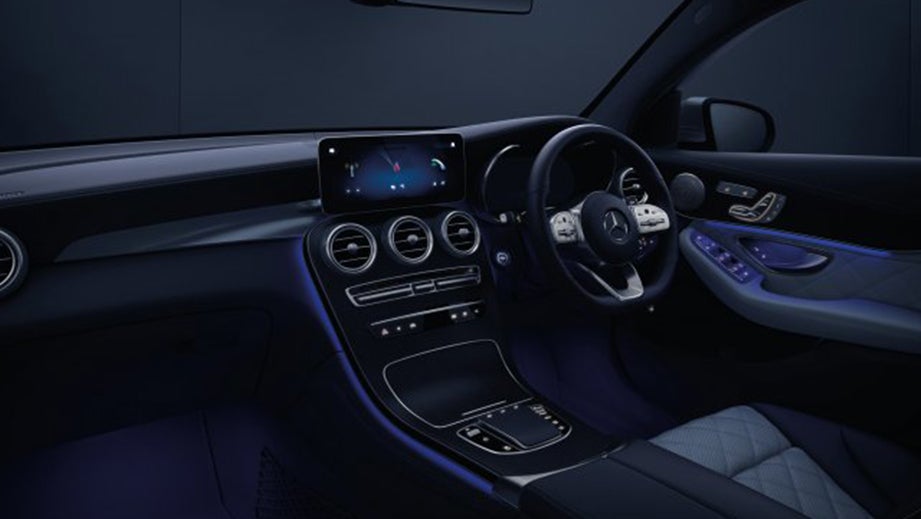 Interior dashboard and front seats of a Mercedes-Benz GLC Coupe