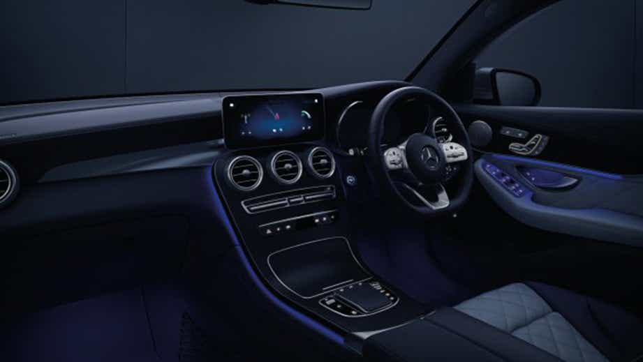 Interior dashboard and front seats of a Mercedes-Benz GLC Coupe