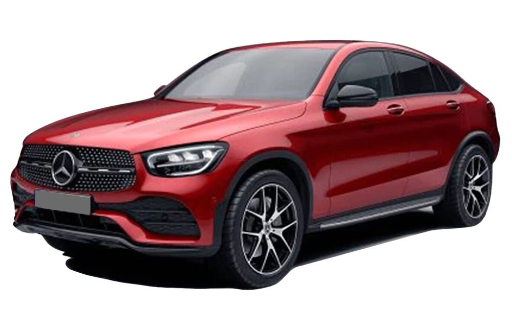 front three-quarter of a Designo Hyacinth Red Metallic Mercedes-Benz GLC Coupe