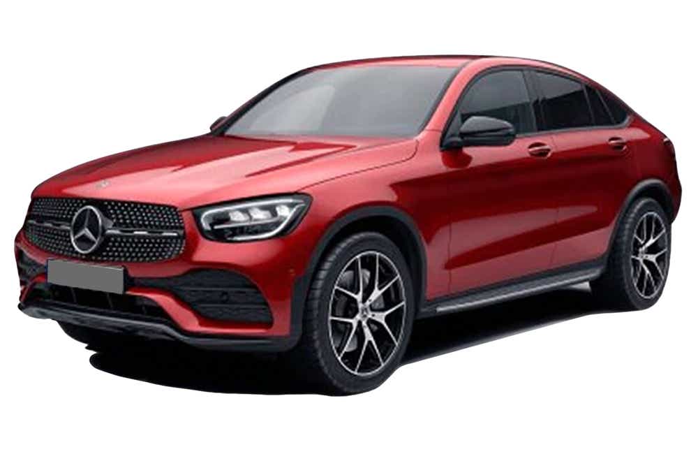 front three-quarter of a Designo Hyacinth Red Metallic Mercedes-Benz GLC Coupe