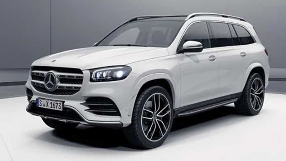 front three-quarter view of a Polar White Mercedes-Benz GLS 2021-23