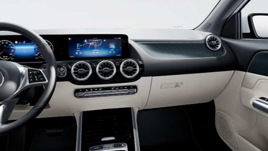 dashboard and steering wheel view of a Mercedes-Benz GLA