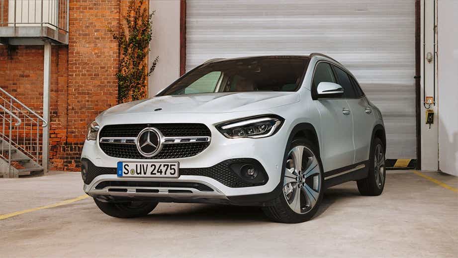 Front three-quarter view of a Spectral Blue Mercedes-Benz GLA