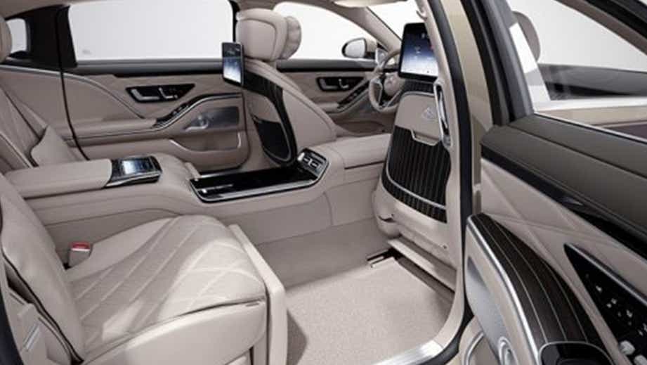 interior rear seating view of a Mercedes-Benz Maybach S-Class