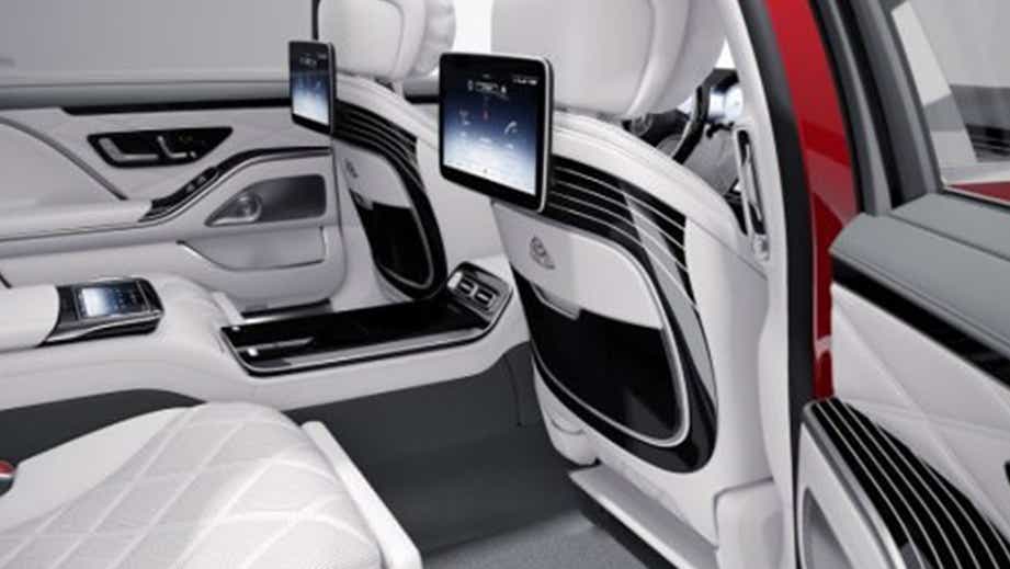 rear seat entertainment and interior of a Mercedes-Benz Maybach S-Class