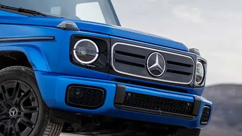 front end view of a South Seas Blue Mango Mercedes-Benz G-Class Electric