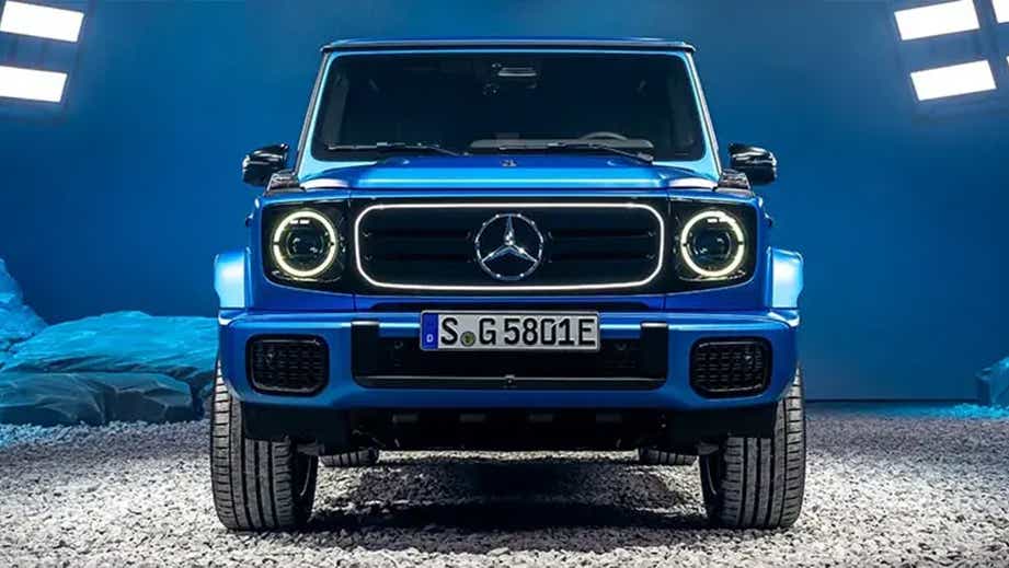 front view of a South Seas Blue Mango Mercedes-Benz G-Class Electric