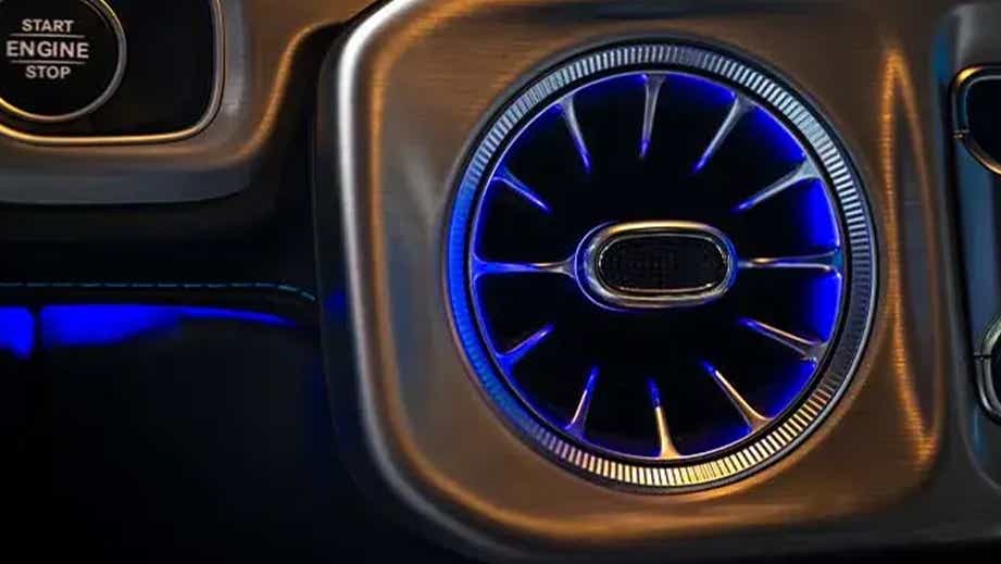 Close-up of air vent and engine start button in a Mercedes-Benz G-Class Electric
