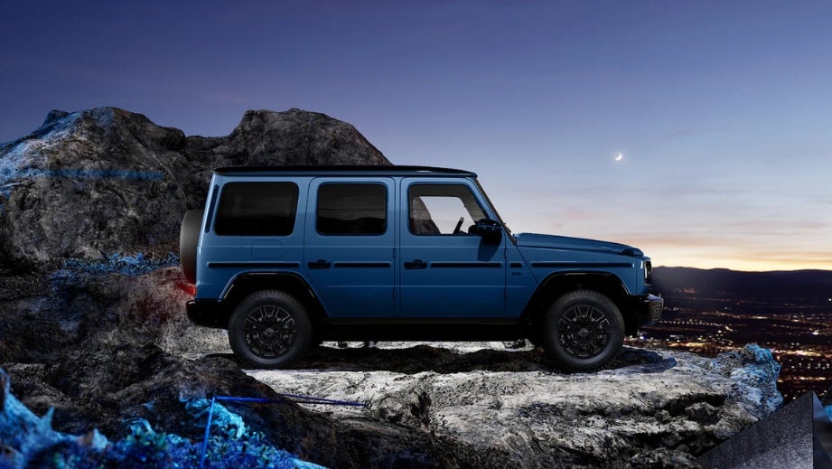 Side view of a South Seas Blue Mango Mercedes-Benz G-Class Electric