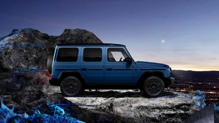 Side view of a South Seas Blue Mango Mercedes-Benz G-Class Electric