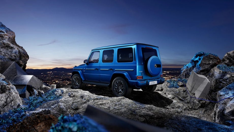 rear three-quarter view of a South Seas Blue Mango Mercedes-Benz G-Class Electric