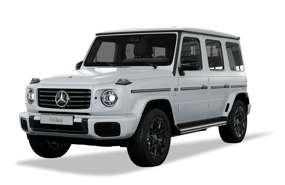 front three-quarter view of a Opalite White Mango Mercedes-Benz G-Class Electric