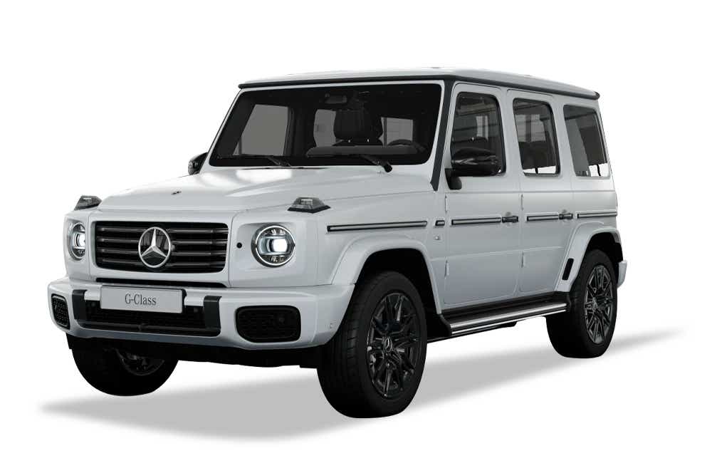 front three-quarter view of a Opalite White Mango Mercedes-Benz G-Class Electric