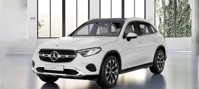 Front three-quarter view of a Polar White Mercedes-Benz GLC