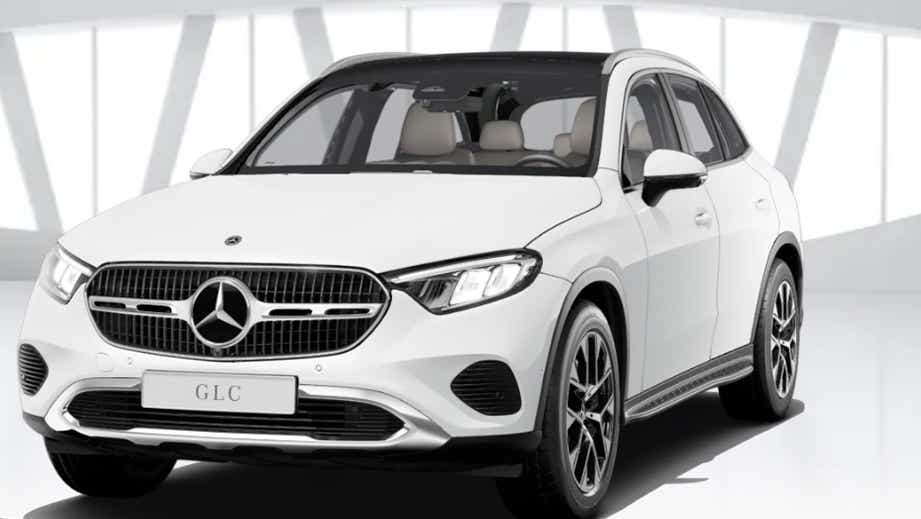 Front three-quarter view of a Polar White Mercedes-Benz GLC