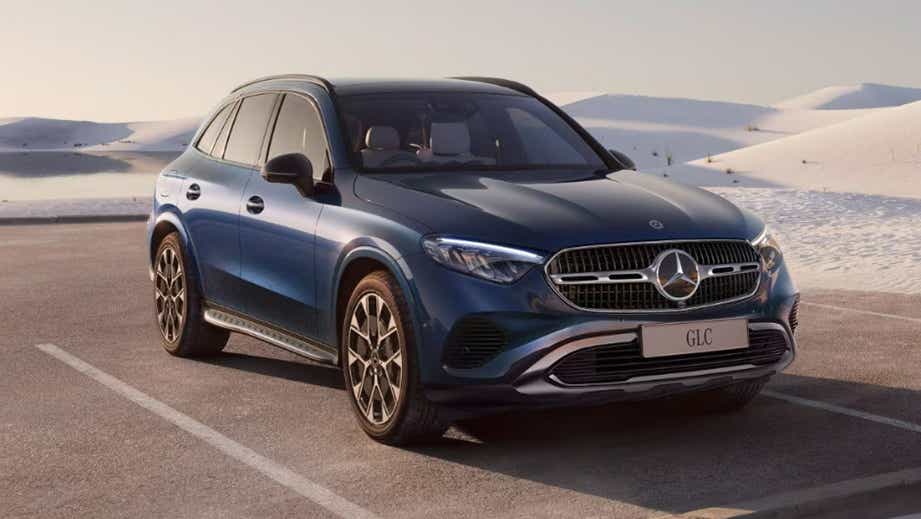 Front three-quarter view of a Nautic Blue Mercedes-Benz GLC