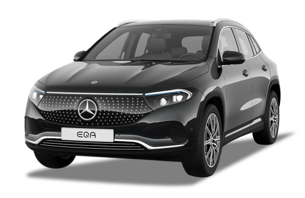 front three-quarter view of a Cosmos Black Metallic Mercedes-Benz EQA