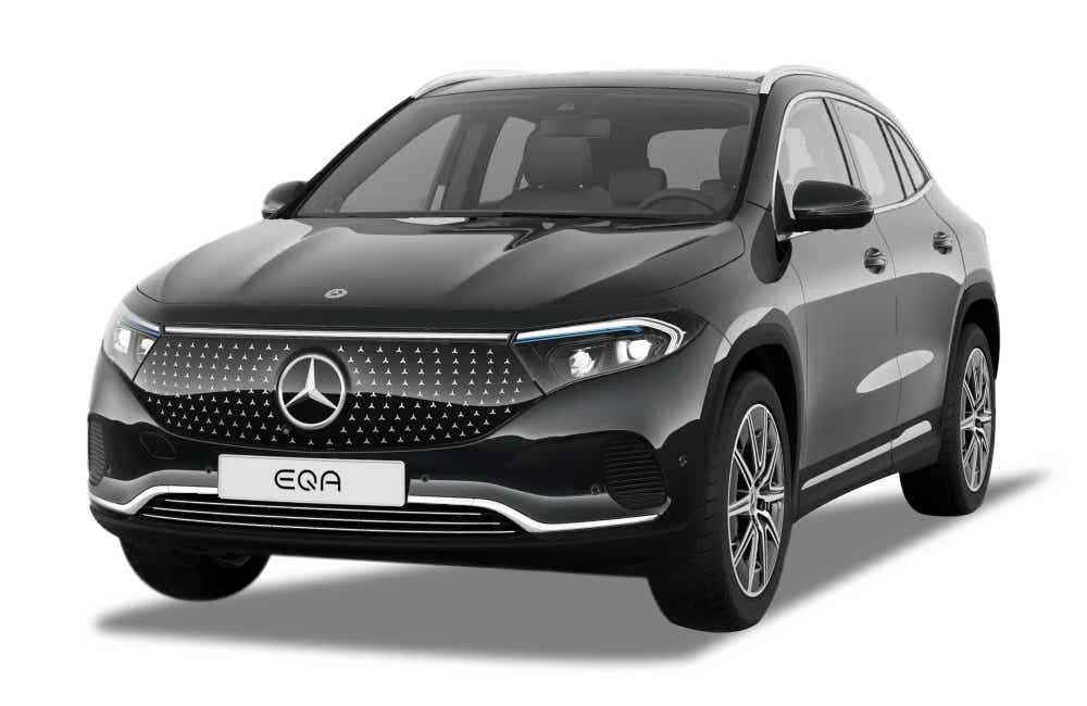 front three-quarter view of a Cosmos Black Metallic Mercedes-Benz EQA