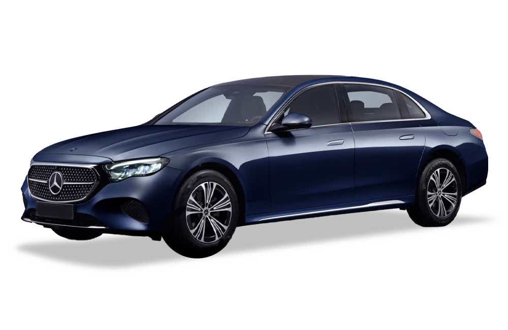 front three-quarter of a Nautic Blue Mercedes-Benz E-Class