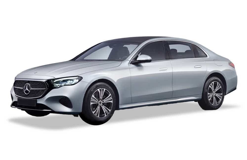 front three-quarter view of a High-Tech Silver Mercedes-Benz E-Class