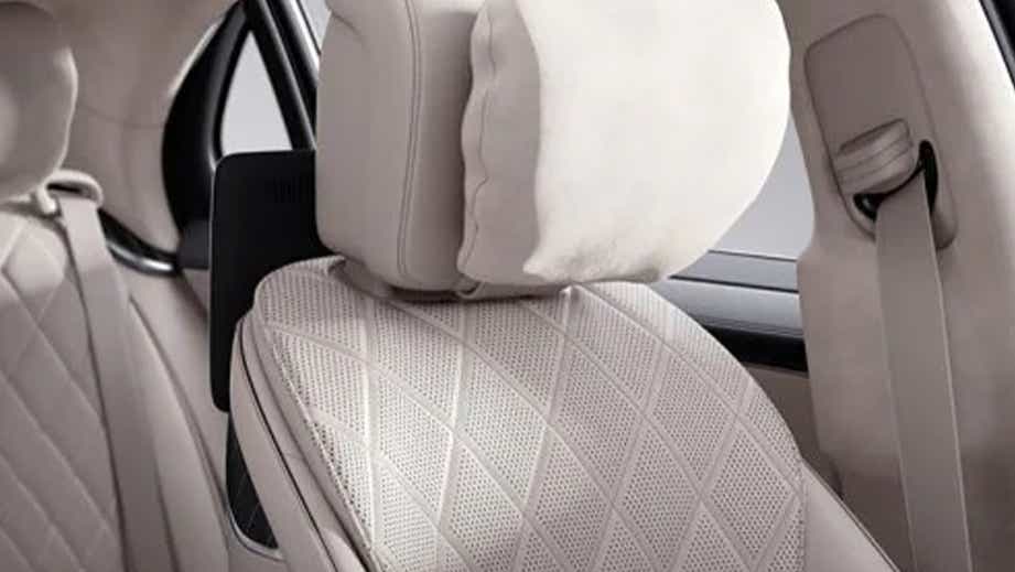Close-up of seat and headrest in a Mercedes-Benz S-Class