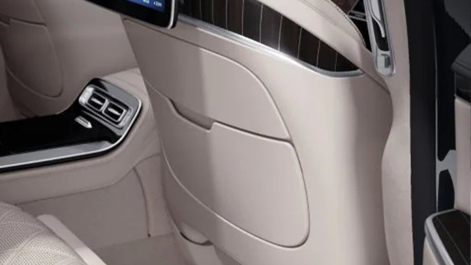 Rear seat interior view of a Mercedes-Benz S-Class