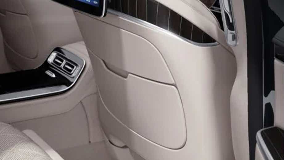Rear seat interior view of a Mercedes-Benz S-Class