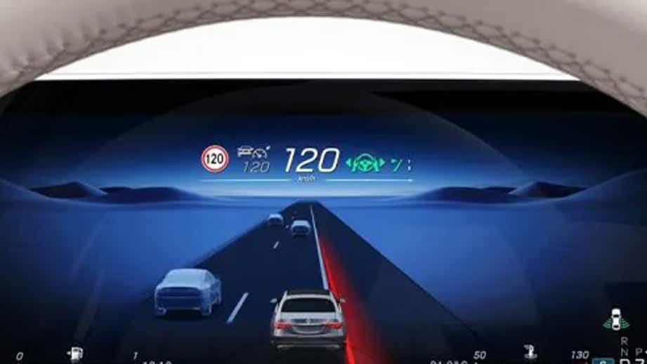 Digital instrument cluster of a Mercedes-Benz S-Class showing navigation and speed information