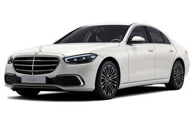 front three-quarter view of a Designo Diamond White Mercedes-Benz S-Class