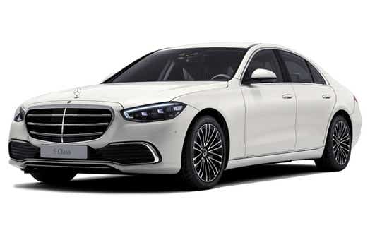 front three-quarter view of a Designo Diamond White Mercedes-Benz S-Class