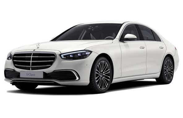 front three-quarter view of a Designo Diamond White Mercedes-Benz S-Class