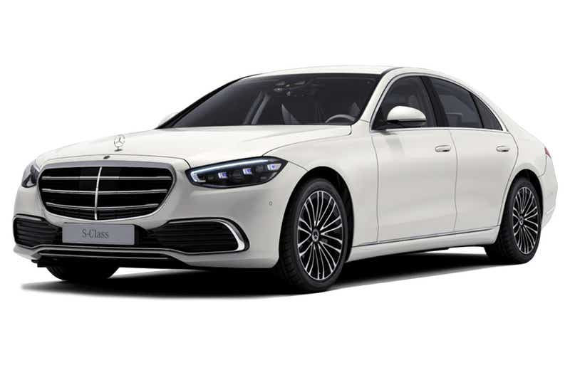 front three-quarter view of a Designo Diamond White Mercedes-Benz S-Class