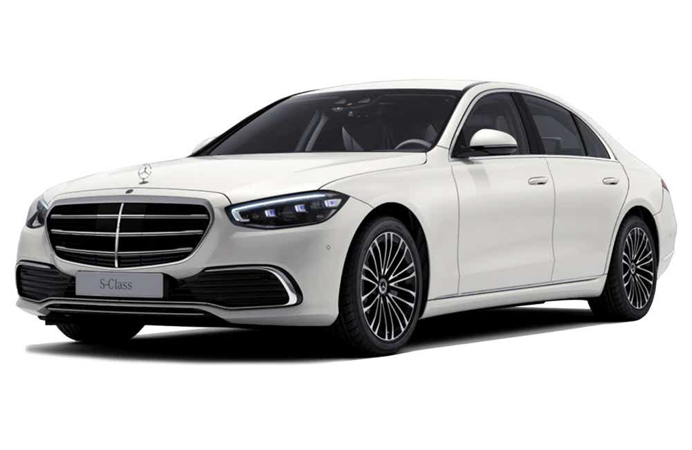 front three-quarter view of a Designo Diamond White Mercedes-Benz S-Class