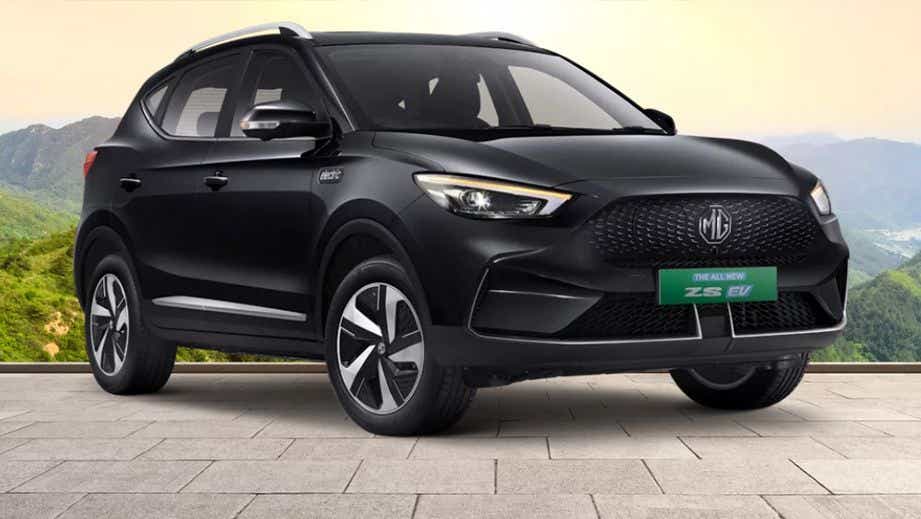 Front three-quarter view of a Starry Black MG ZS EV