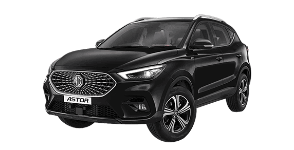 front three-quarter view of a Starry Black MG Astor