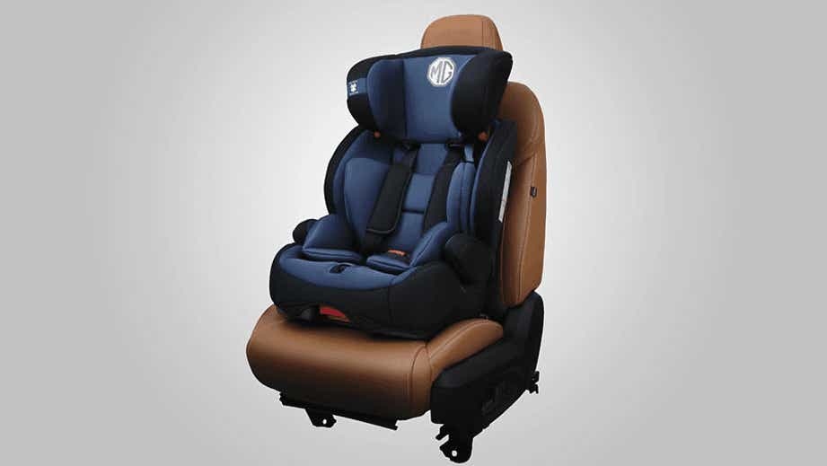 child safety seat on a front seat of an MG Gloster