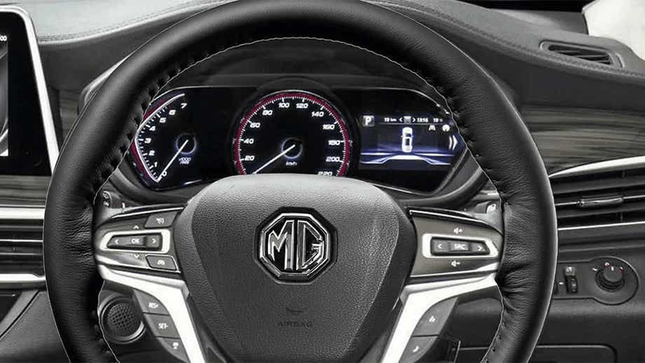 Dashboard and steering wheel of a MG Gloster