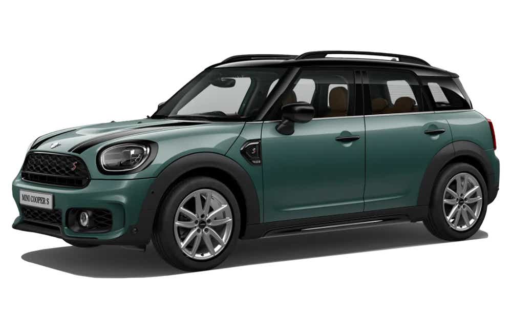 front three-quarter view of a Sage Green Mini Cooper Countryman