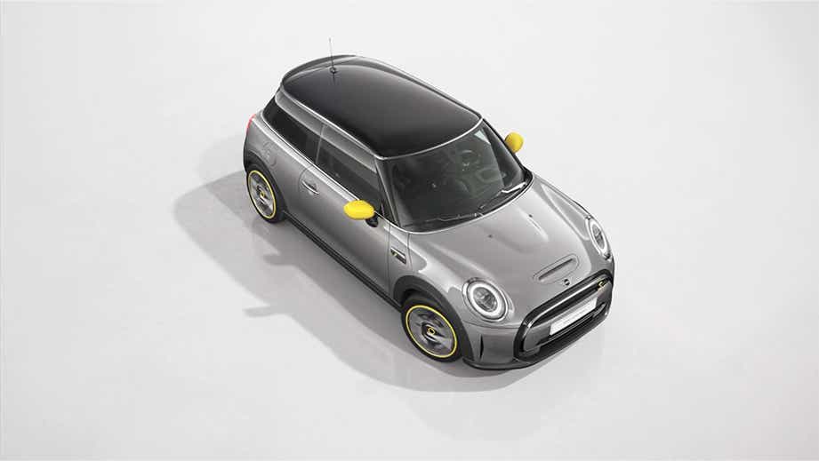 high angle view of a Melting Silver Mini Cooper SE
