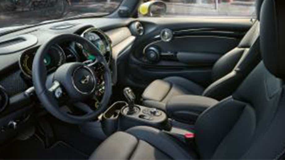 interior dashboard and front seats of a Mini Cooper SE