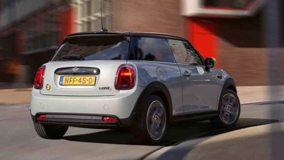 rear three-quarter of a Mini Cooper SE