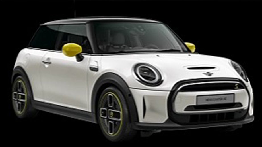 front three-quarter view of a Nanuq White Mini Cooper SE