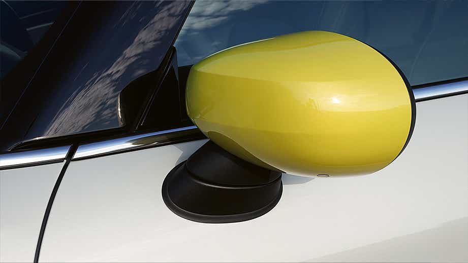 Side mirror close-up of a Mini Cooper SE