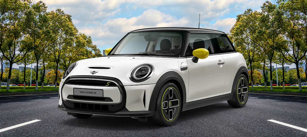 front three-quarter view of a Nanuq White Mini Cooper SE