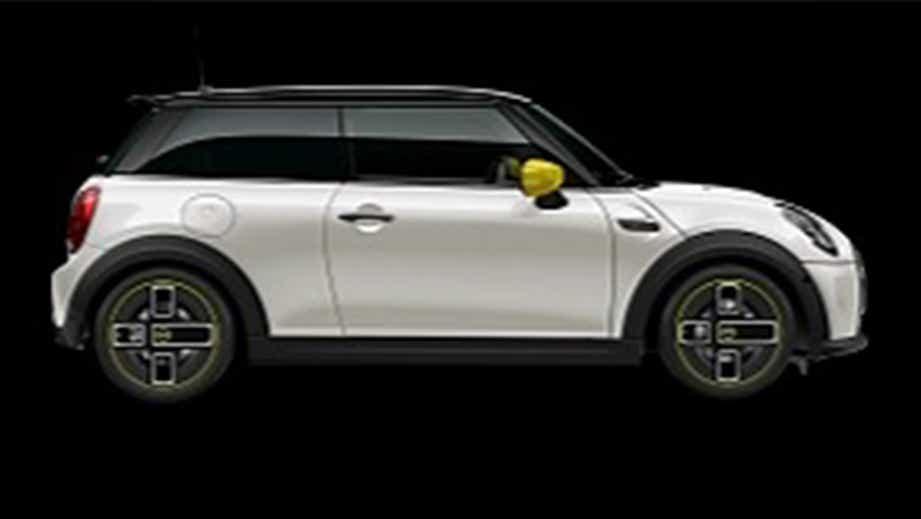 side profile of a Nanuq White Mini Cooper SE